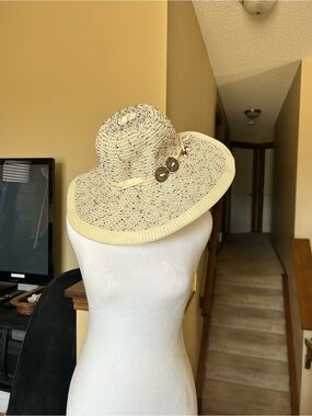 Wide Brim woven Sun Hat with Decorative Buttons - Beige